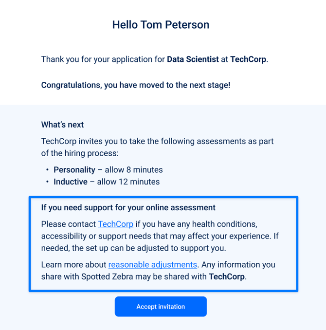 Screenshot showing the candidate invite email with the reasonable adjustments guidance highlighted