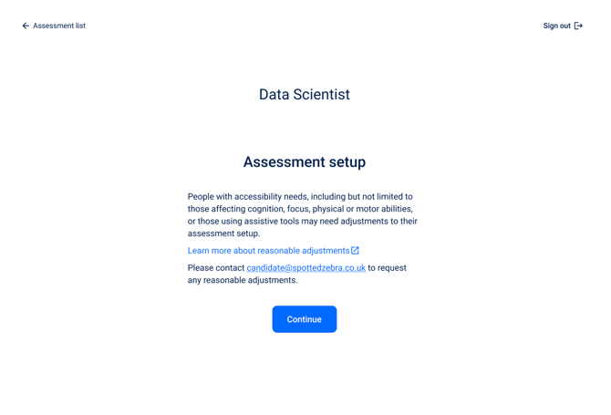 Screenshot of the assessment set up with guidance on contacting candidate@spottedzebra.co.uk to request reasonable adjustments.