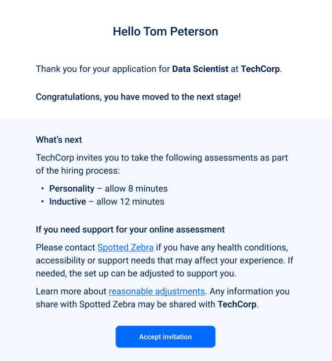 Screenshot showing the candidate invite email with the reasonable adjustments guidance highlighted