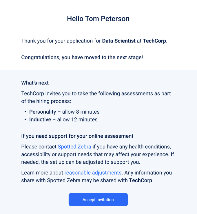 Screenshot showing the candidate invite email with the reasonable adjustments guidance highlighted
