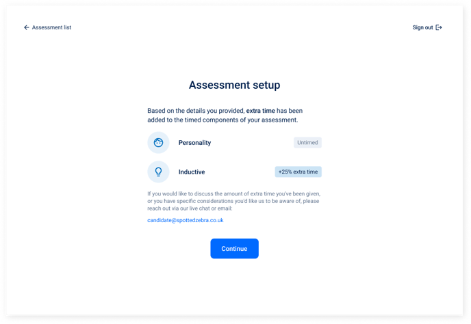 Screenshot showing the percentage of extra time that has been given for the personality (untimed, no extra time needed) and inductive (+25% extra time).